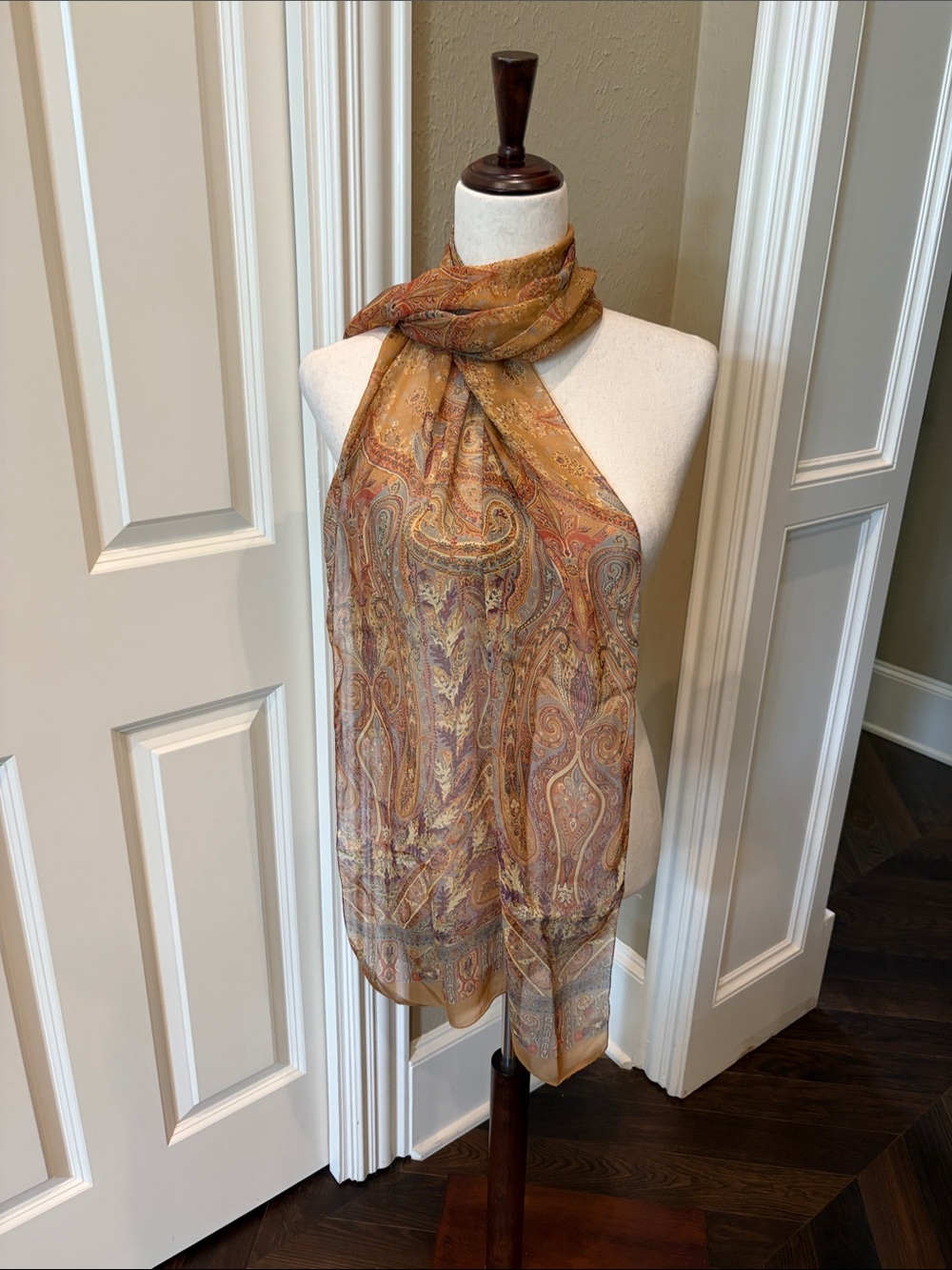 Lightweight Paisley Scarf in Muted Gold-Brown-Aubergine